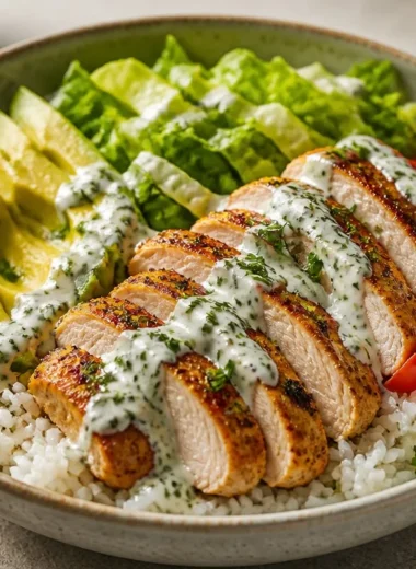 Creamy avocado chicken rice bowl with fresh ingredients