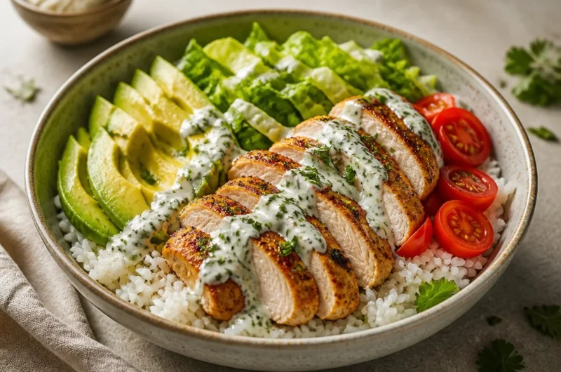 Creamy avocado chicken rice bowl with fresh ingredients