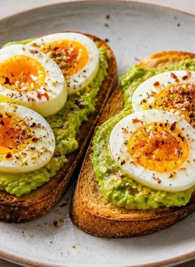 Creamy avocado egg toast topped with a perfectly poached egg on whole grain bread.