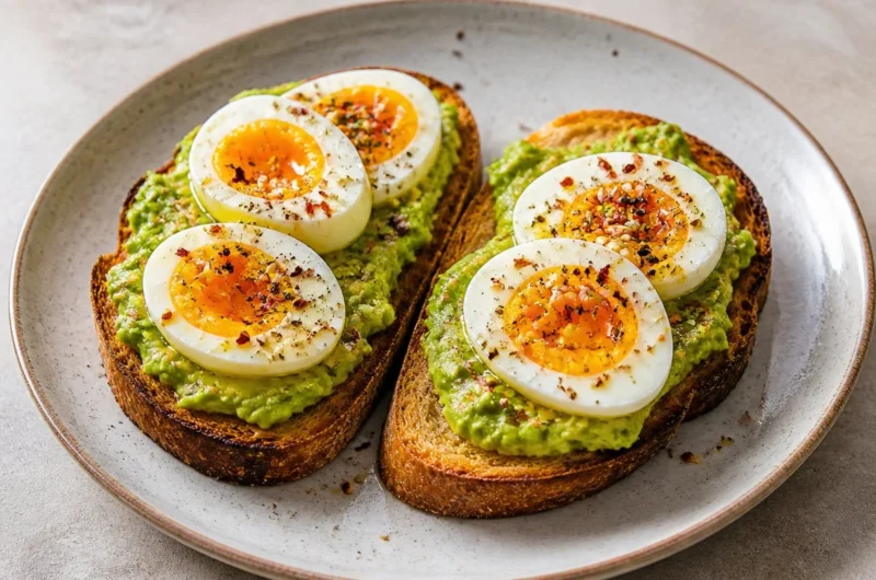 Creamy avocado egg toast topped with a perfectly poached egg on whole grain bread.