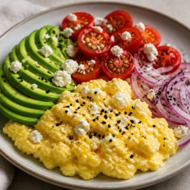Creamy avocado scrambled eggs on a plate with fresh herbs and spices