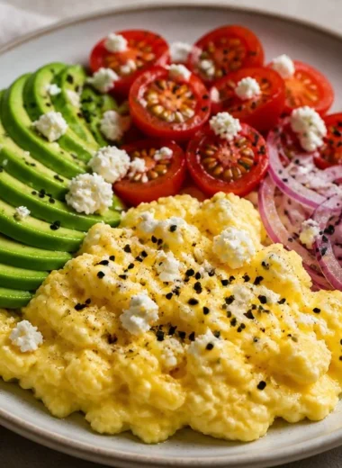 Creamy avocado scrambled eggs on a plate with fresh herbs and spices