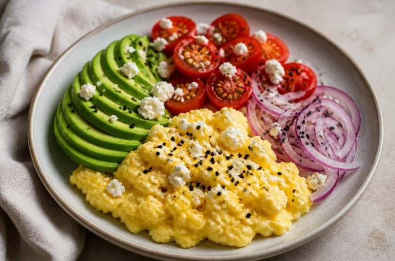Creamy avocado scrambled eggs on a plate with fresh herbs and spices