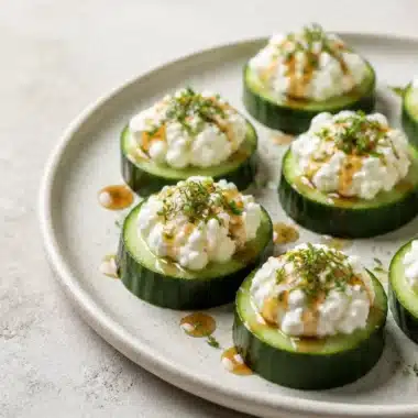 Creamy Cucumber Cottage Cheese Bites 35 Creamy cucumber cheese bites with cottage cheese on a plate
