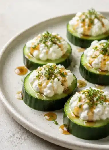 Creamy cucumber cheese bites with cottage cheese on a plate