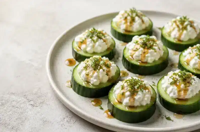 Creamy cucumber cheese bites with cottage cheese on a plate
