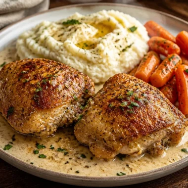 Creamy garlic chicken tray with herbs and spices ready to serve