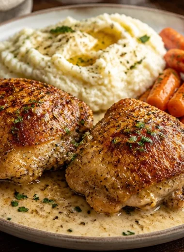 Creamy garlic chicken tray with herbs and spices ready to serve
