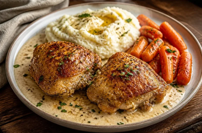 Creamy garlic chicken tray with herbs and spices ready to serve