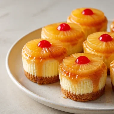 Creamy mini pineapple upside-down cheesecake bites on a decorative plate.