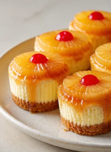 Creamy mini pineapple upside-down cheesecake bites on a decorative plate.