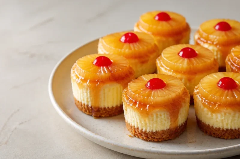 Creamy mini pineapple upside-down cheesecake bites on a decorative plate.