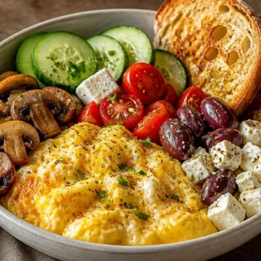 Creamy Omelette Breakfast Bowl 29 Creamy omelette breakfast bowl with colorful vegetables and herbs