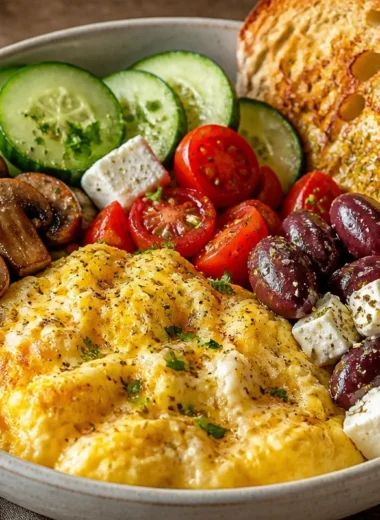 Creamy omelette breakfast bowl with colorful vegetables and herbs