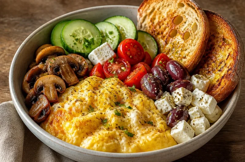 Creamy omelette breakfast bowl with colorful vegetables and herbs