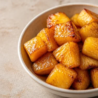 Crispy air fryer pineapple chunks arranged on a plate