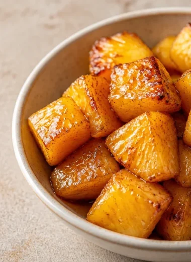 Crispy air fryer pineapple chunks arranged on a plate