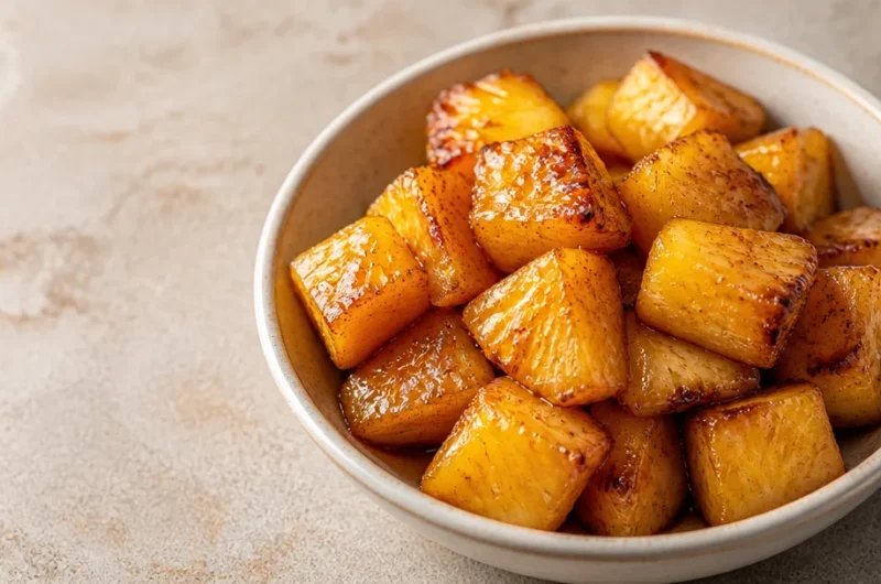 Crispy air fryer pineapple chunks arranged on a plate