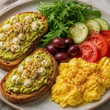 Crispy Avocado Toast Breakfast Plate 34 Crispy avocado toast served with fresh toppings on a breakfast plate