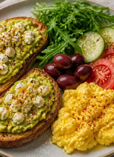 Crispy avocado toast served with fresh toppings on a breakfast plate