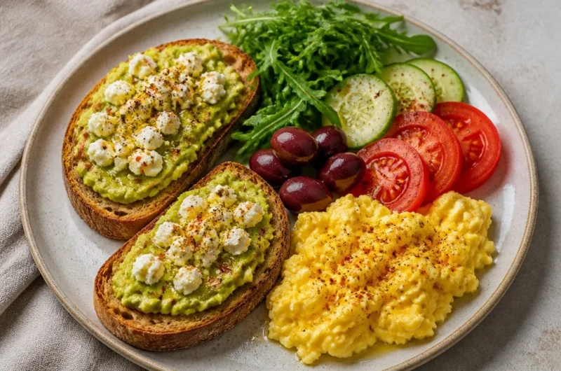 Crispy avocado toast served with fresh toppings on a breakfast plate