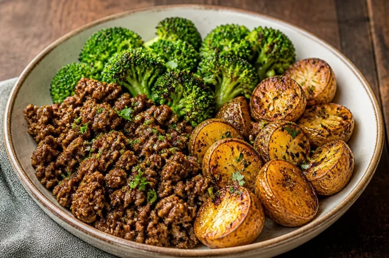 Crispy Beef and Broccoli Potato Bowl with tender beef, broccoli, and potatoes