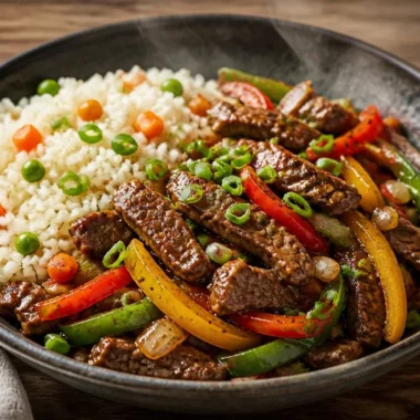 Crispy beef veggie stir-fry rice bowl with colorful vegetables