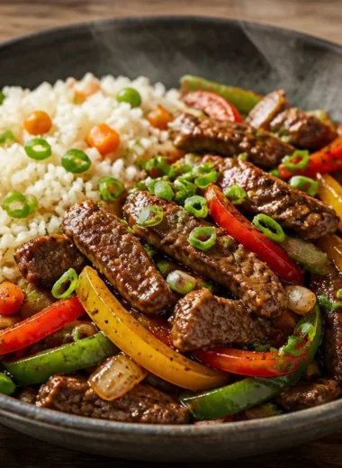 Crispy beef veggie stir-fry rice bowl with colorful vegetables