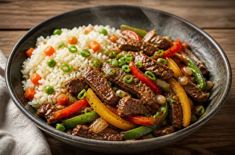 Crispy beef veggie stir-fry rice bowl with colorful vegetables