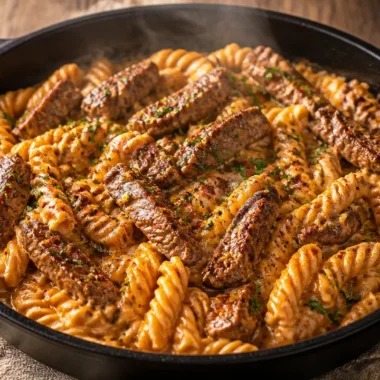 Crispy Cajun Steak Pasta with flavorful spices and tender steak pieces
