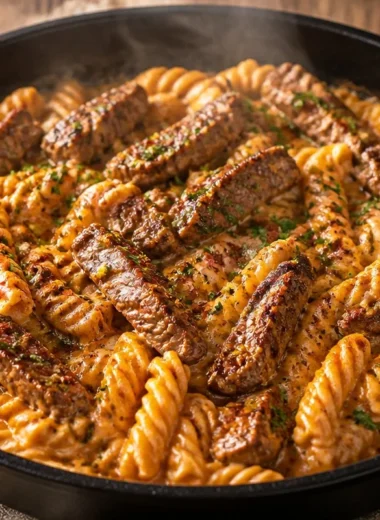 Crispy Cajun Steak Pasta with flavorful spices and tender steak pieces