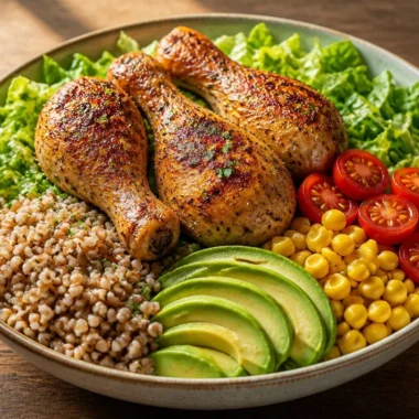 Crispy chicken grain bowl topped with fresh herbs and vegetables
