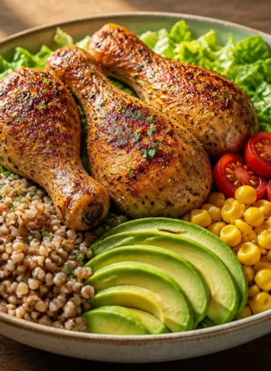 Crispy chicken grain bowl topped with fresh herbs and vegetables