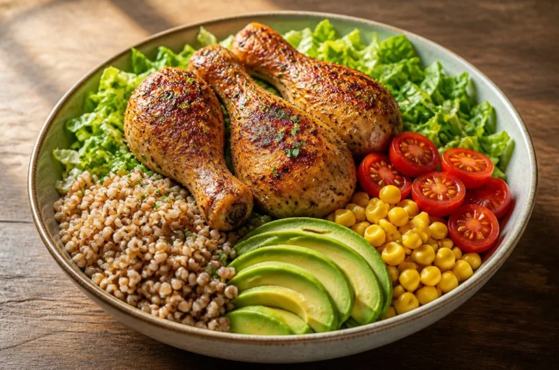 Crispy chicken grain bowl topped with fresh herbs and vegetables