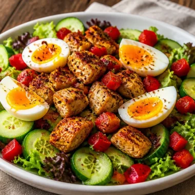 Crispy Chicken Power Salad topped with jammy eggs and fresh vegetables