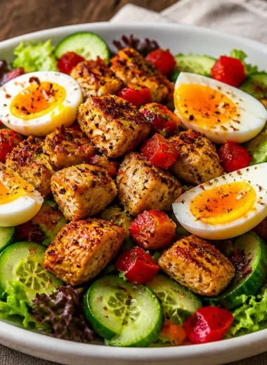 Crispy Chicken Power Salad topped with jammy eggs and fresh vegetables