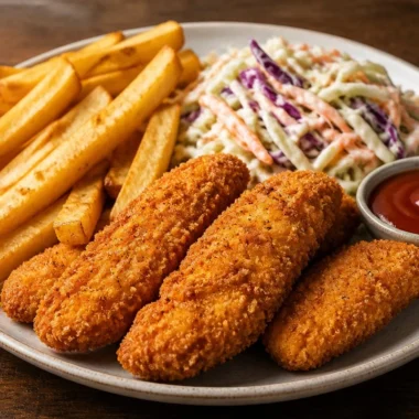 Crispy chicken tenders plated with dipping sauce and sides