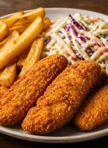 Crispy chicken tenders plated with dipping sauce and sides