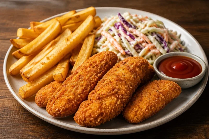 Crispy chicken tenders plated with dipping sauce and sides