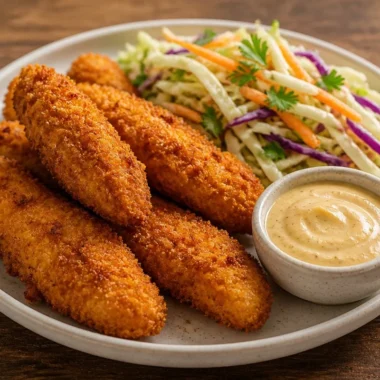Crispy Chicken Tenders Plate 29 Crispy chicken tenders plate with dipping sauces and side of fries