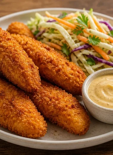 Crispy chicken tenders plate with dipping sauces and side of fries