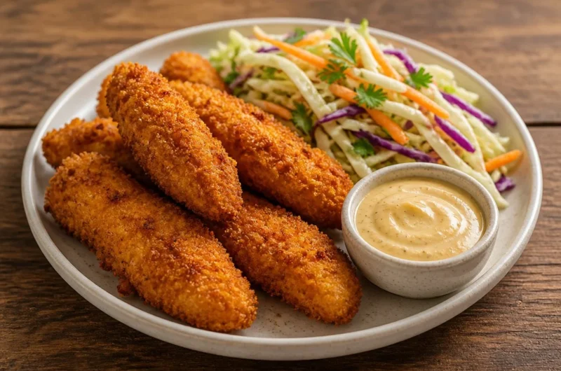 Crispy chicken tenders plate with dipping sauces and side of fries