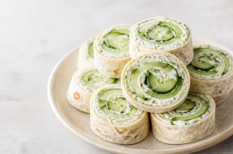 Crispy cucumber dill pinwheels served on a platter as a delicious appetizer