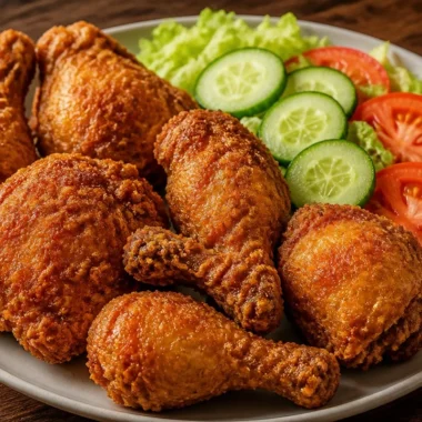 Plate of crispy fried chicken served with a vibrant salad