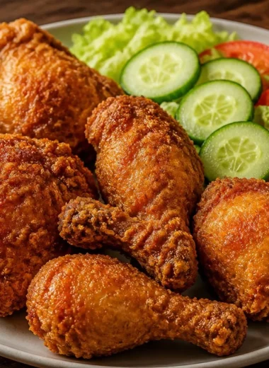 Plate of crispy fried chicken served with a vibrant salad