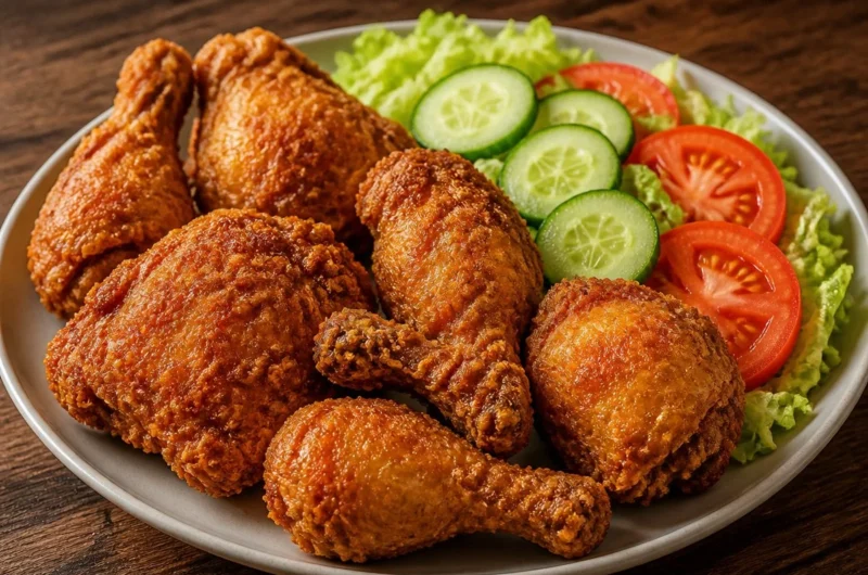Plate of crispy fried chicken served with a vibrant salad