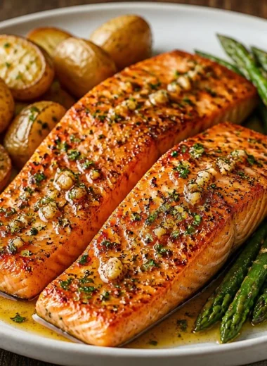 Crispy garlic butter salmon garnished with herbs on a white plate
