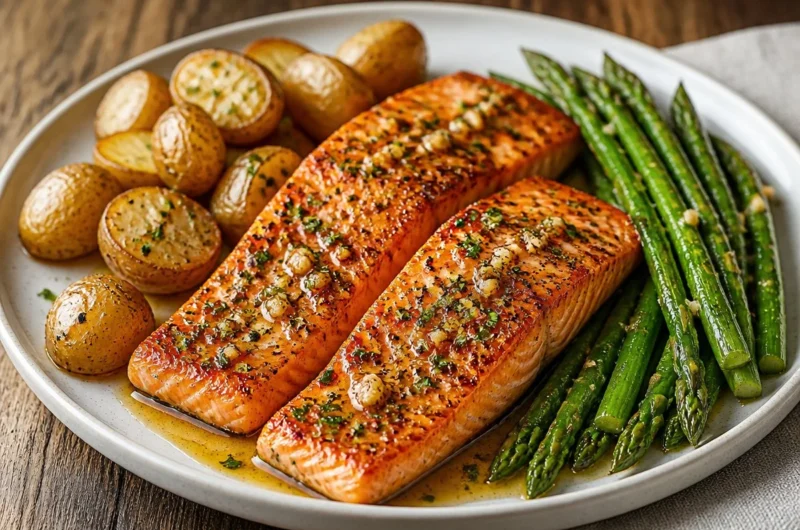 Crispy garlic butter salmon garnished with herbs on a white plate