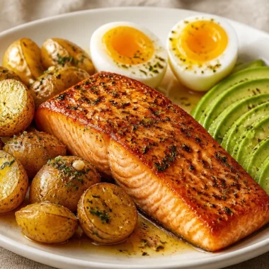 Plate of crispy garlic herb salmon garnished with herbs and lemon