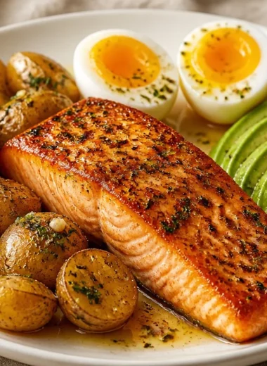 Plate of crispy garlic herb salmon garnished with herbs and lemon